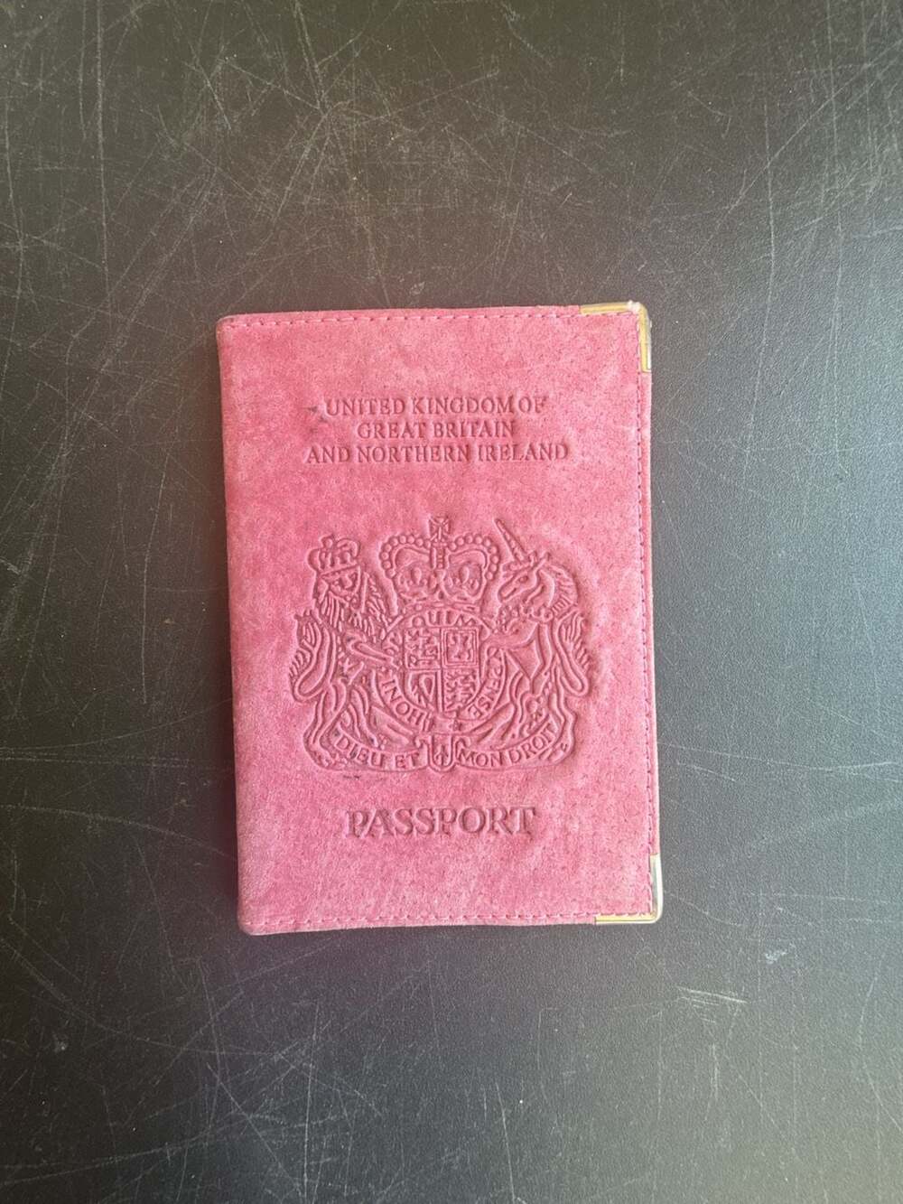 Pink Suede Leather British Passport Holder with Metallic Corner Guards